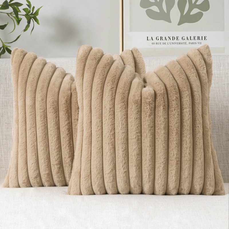MIULEE Faux Fur Decorative Throw Pillow Covers 20×20 Inch Set of 2, Modern Spring Home Decor Soft Plush Couch Pillows Cozy Fluffy Cushion Covers for Sofa Khaki