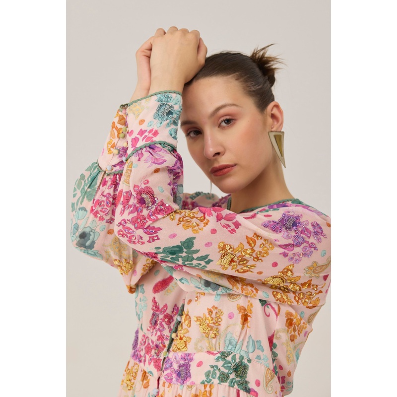 Painted Petals Embroidered Dress with Lace