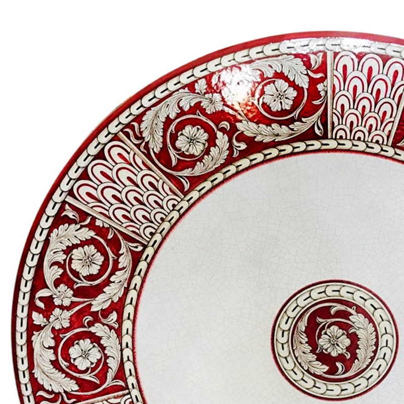 CERAMIC STONE TABLE + IRON BASE: POMPEI Design^ – Hand Painted in Deruta, Italy.