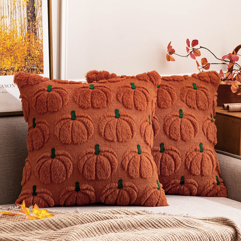MIULEE Pumpkin Fall Throw Pillow Covers 20 x 20 Decorative Pillow Covers Soft Plush Faux Fur Couch Pillow Covers for Autumn Harvest Farmhouse Halloween Home Decor , Set of 2 Rust Green Stem