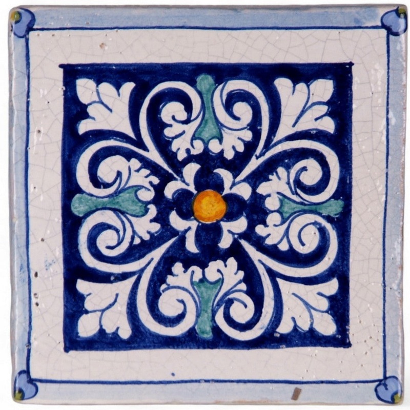 ANTICA DERUTA: Hand Painted Ceramic Authentic Deruta Tile Vario Deruta Fondo Blue+Teal