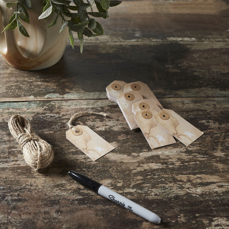 Primitive Star Tea Stained Paper Tag Creme 2.75×1.5 w/ Twine Set of 50