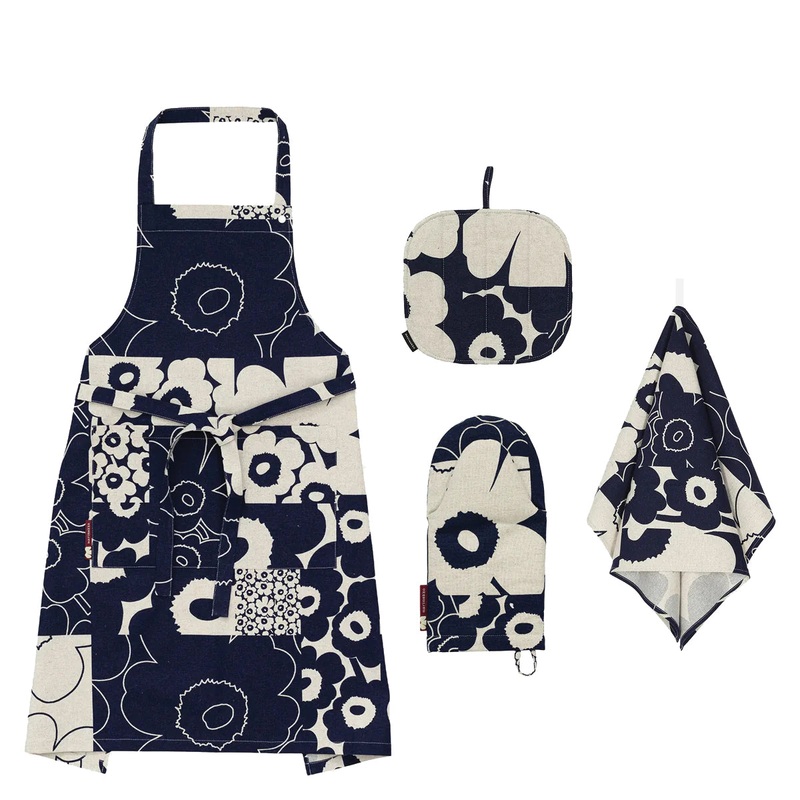Unikko Kollaasi Kitchen Textiles Four-Piece Set, Linen/Dark Navy
