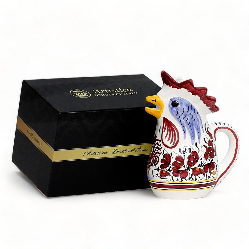 GIFT BOX: With authentic Deruta hand painted ceramic – Deruta RED Rooster Gallo Pitcher (1 Liter)