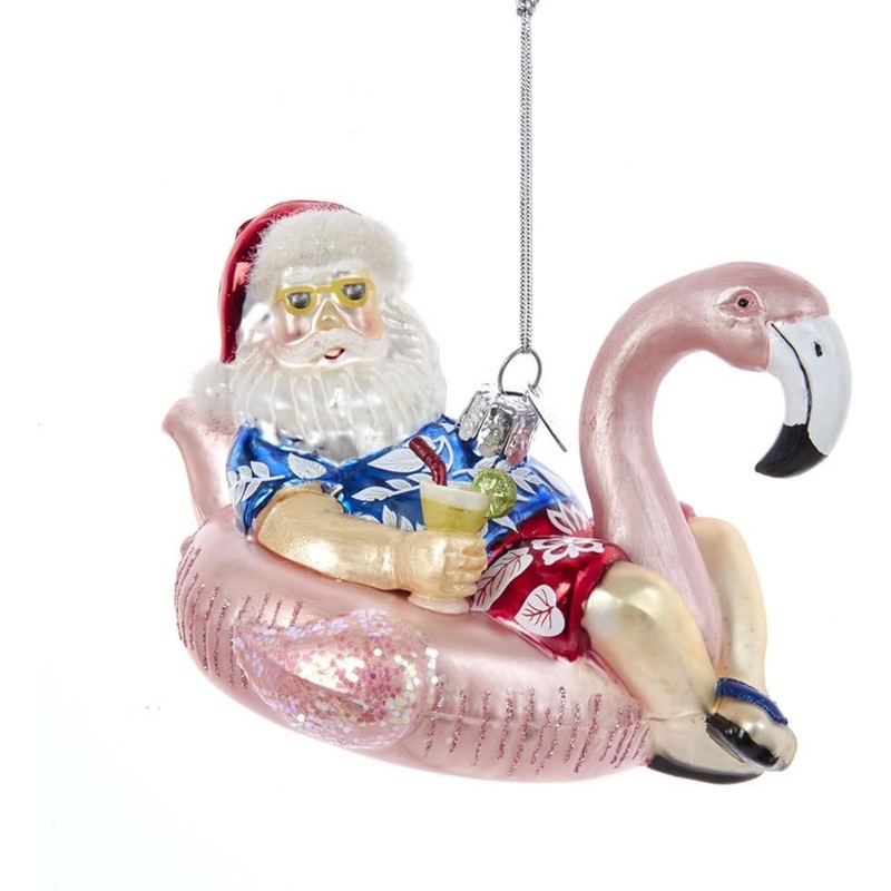 Kurt Adler Nobel Gems Glass Christmas Ornament, Santa in Flamingo Pool Float
