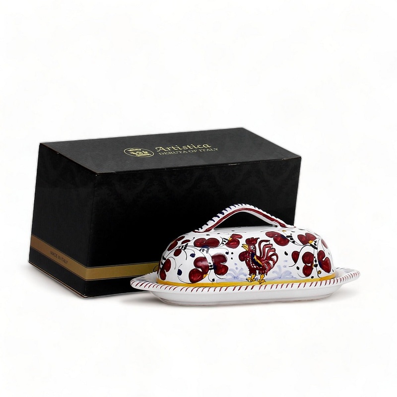GIFT BOX: With authentic Deruta hand painted ceramic – Butter Dish with cover Red Rooster Design