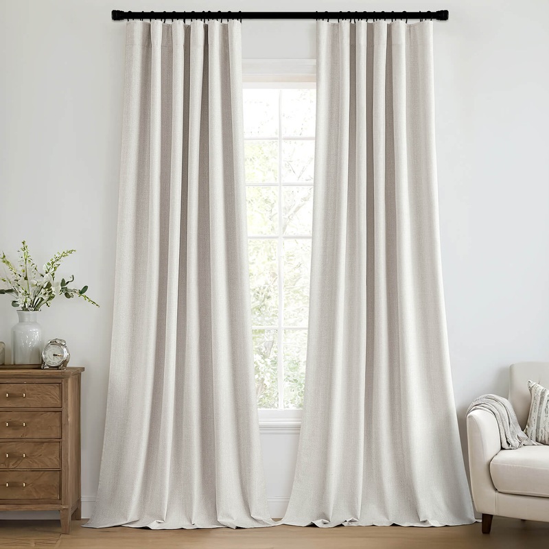 MIULEE 100% Blackout Curtains 90 Inch Long 2 Panels Set for Bedroom, Thick Faux Linen Black Out Curtain Room Darkening Back Tab Pleat Window Textured Drapes with Hooks for Living Room, Light Beige