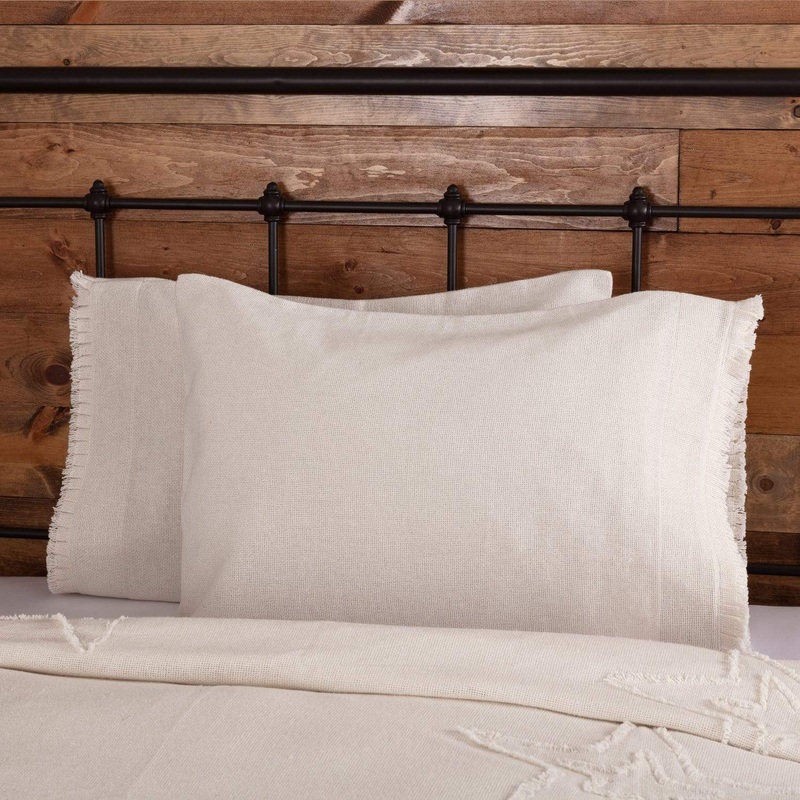 Burlap Antique White Standard Pillow Case w/ Fringed Ruffle Set of 2 21×30