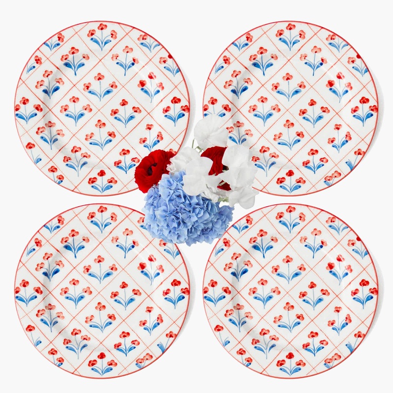 Blue & Red Floral Trellis Dinner Plates (Set of 4)