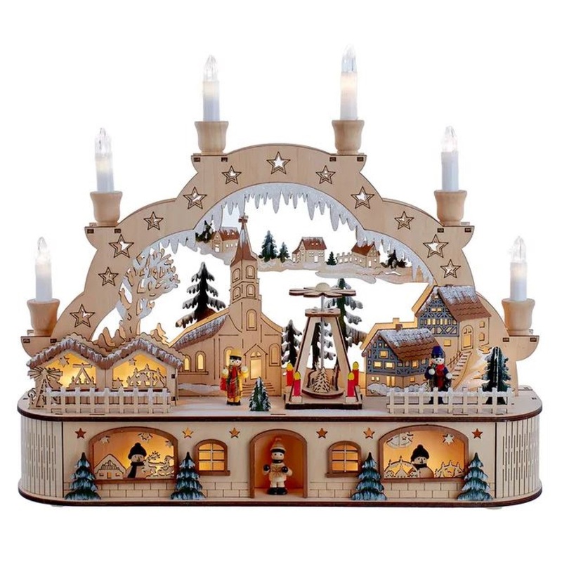 Kurt Adler Wooden LED Light-Up Musical/Motion Santa Christmas Village with Candles, 10.25in