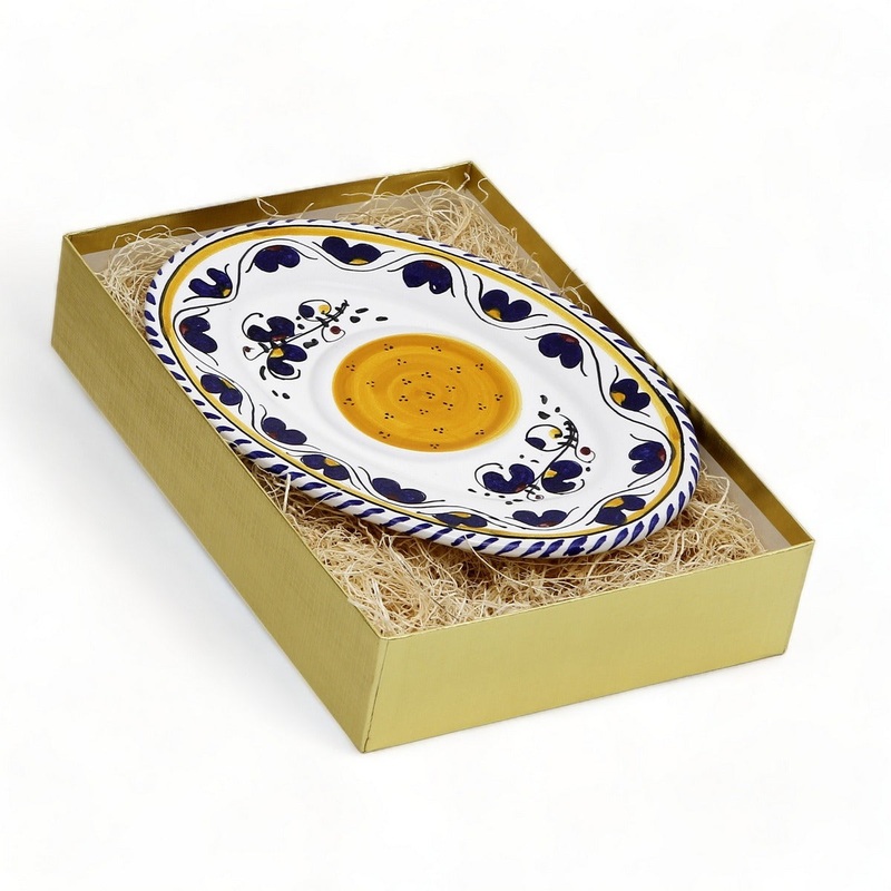 GIFT BOX GOLD: With authentic Deruta hand painted ceramic – ORVIETO BLUE ROOSTER: Small Oval Plate