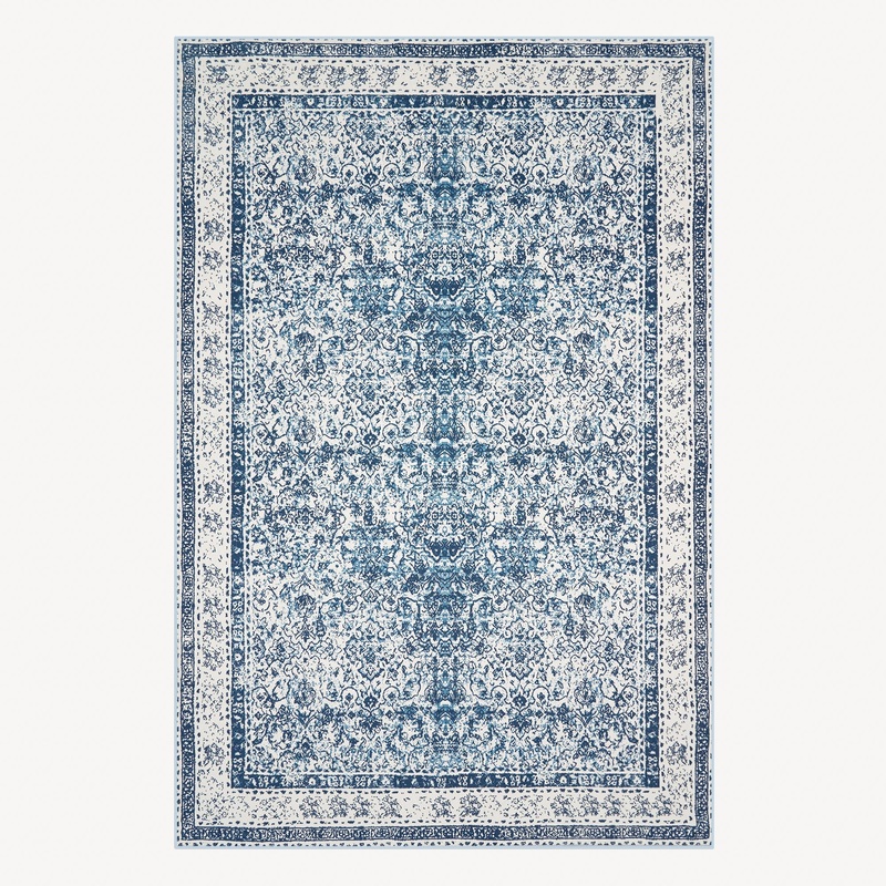 Easy Clean Washable Rug Rustic Blue Persian Minimalist Design Durable Spillproof Pet-Friendly Non-Slip Pad Living Room Area Rug