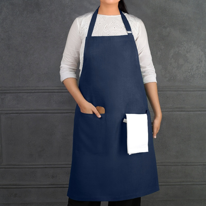 Navy Blue Linen Apron – Adjustable Strap