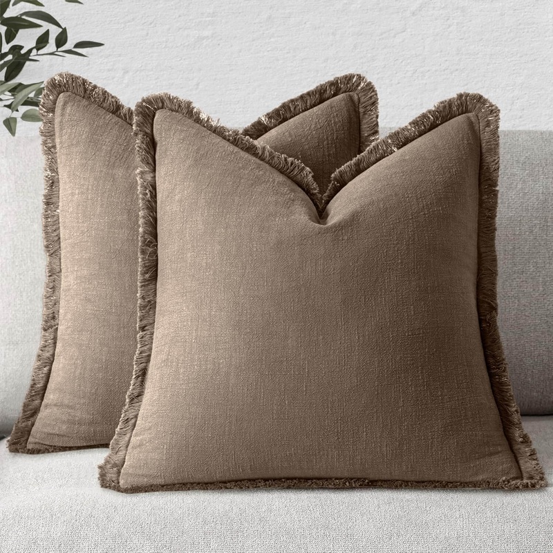 MIULEE Decorative Throw Pillow Covers Neutral Linen Fringe Throw Pillows Set of 2 Cocoa Brown Boho Farmhouse Cushion Covers for Couch Sofa Bed Living Room Spring Home Decor 20×20 Inch