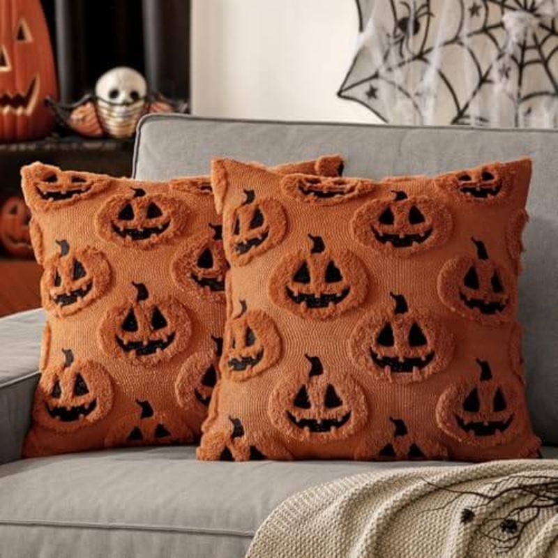 MIULEE Fall Halloween Throw Pillow Covers 18×18 Decorative Pumpkin Pattern Pillowcases Soft Plush Faux Wool Cushions for Home Patio Sofa Couch,Rust