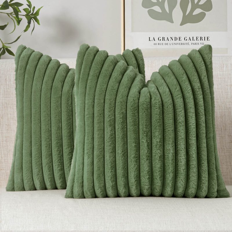 MIULEE Set of 2 Decorative Throw Pillow Covers Soft Faux Fur Cushion Covers Plush Fluffy Pillows for Sofa Couch Bed Living Room Moss Green 16×16 Inch