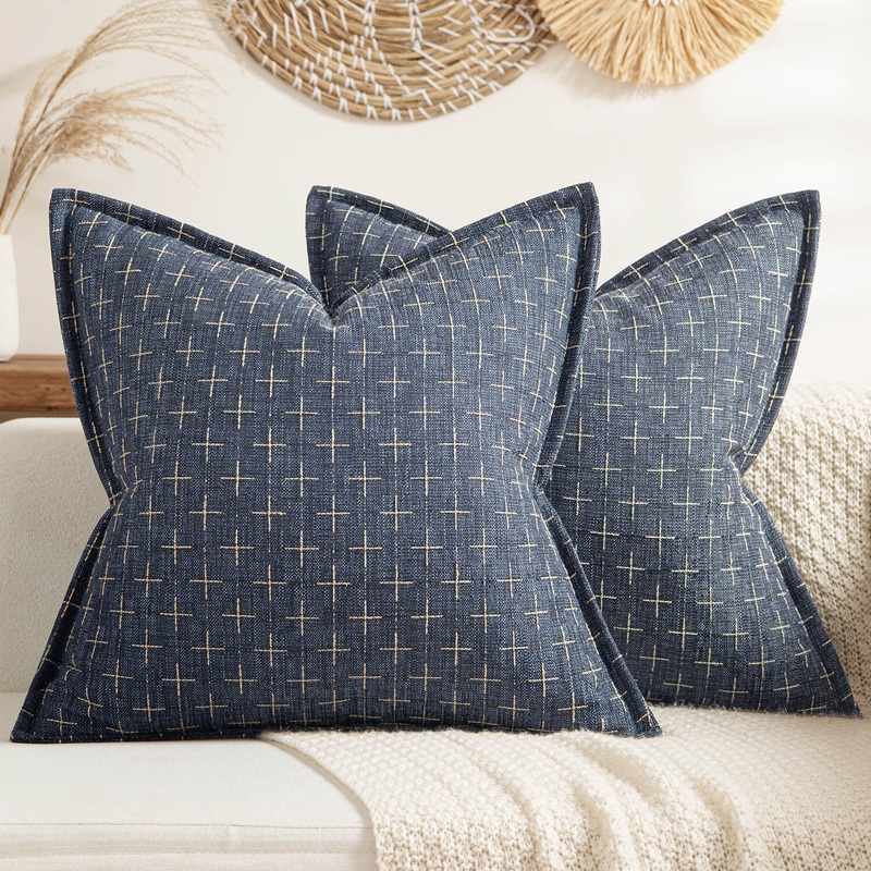 MIULEE Pack of 2 Decorative Burlap Linen Throw Pillow Covers Modern Farmhouse Pillowcase with Broad Edge Rustic Woven Textured Cushion Cover for Spring Sofa Couch Bed 24×24 Inch Blue