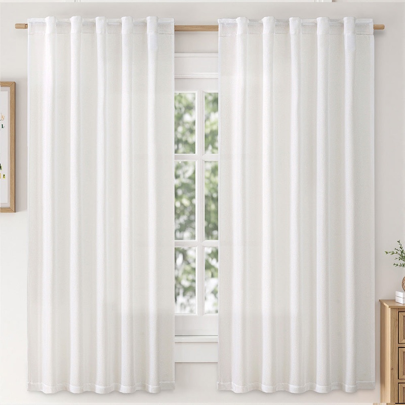 MIULEE Faux Linen Curtains 54 Inch Length 2 Panels Heathered White Semi Sheer Curtain with Back Tab Rod Pocket , Light Filtering Window Privacy Burlap Drapes for Living Room Bedroom 42W x 54L