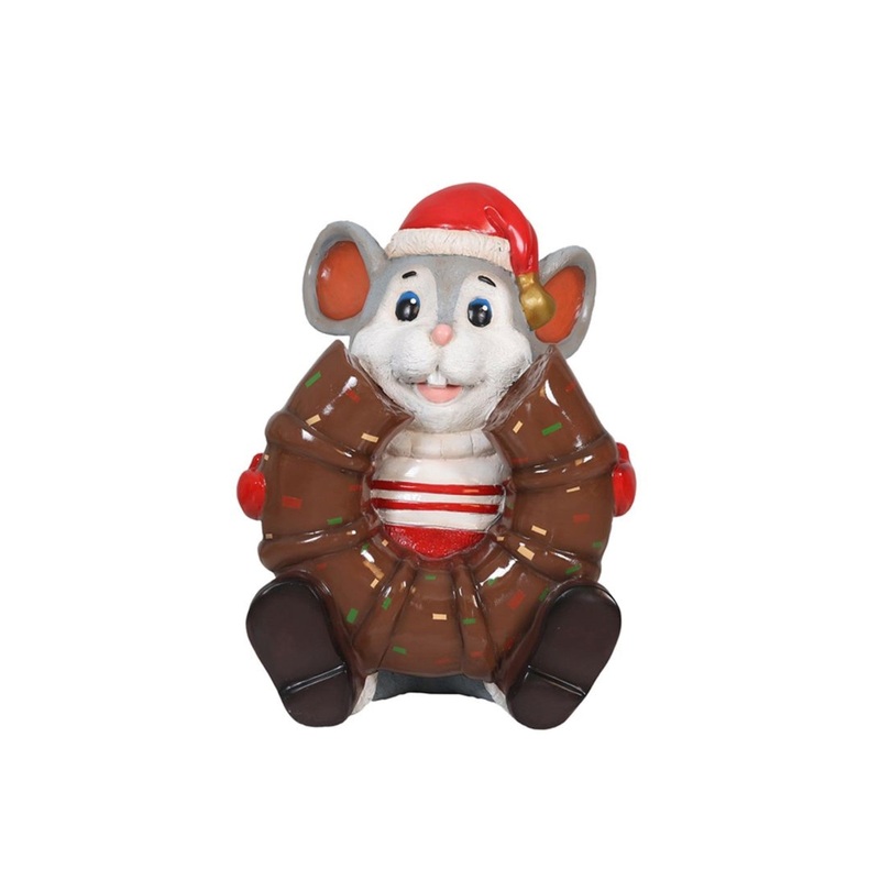 Garden Elements Fiberglass Christmas Figurine Statue Yard Decor, Nibble the Mouse Eating a Donut, 24″