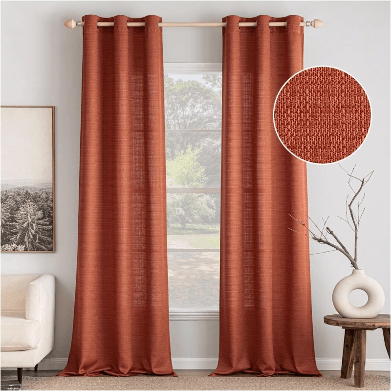 MIULEE Terracotta Faux Linen Textured Curtains 84 Inch Length 2 Panels Set for Living Room Bedroom Farmhouse Burlap Fall Semi Sheer Grommet Top Light Filtering Window Drapes, W37xL84, Burnt Orange