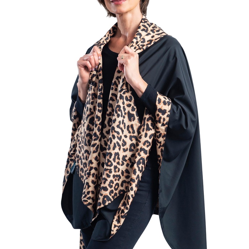 Black & Leopard Animal Print Womens Rain Cape – Rainproof Breathable Rain Poncho