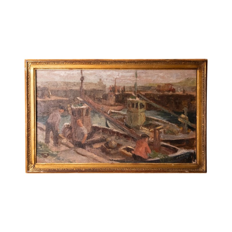“Fishing Boats” by J.H. Laing | Early 1900s British Oil Painting
