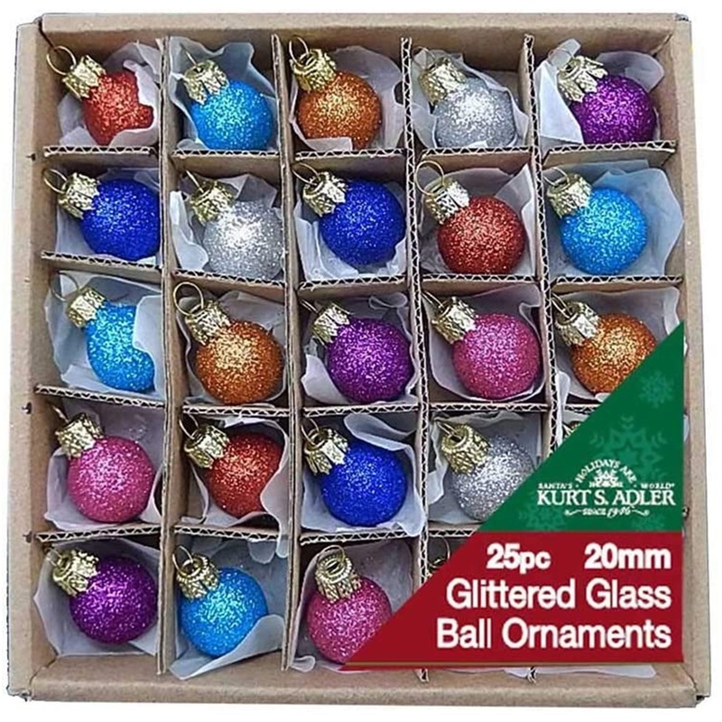 Kurt Adler 20MM (.75″) Miniature Glitter Glass Ball Ornaments, 25-Piece Box Set