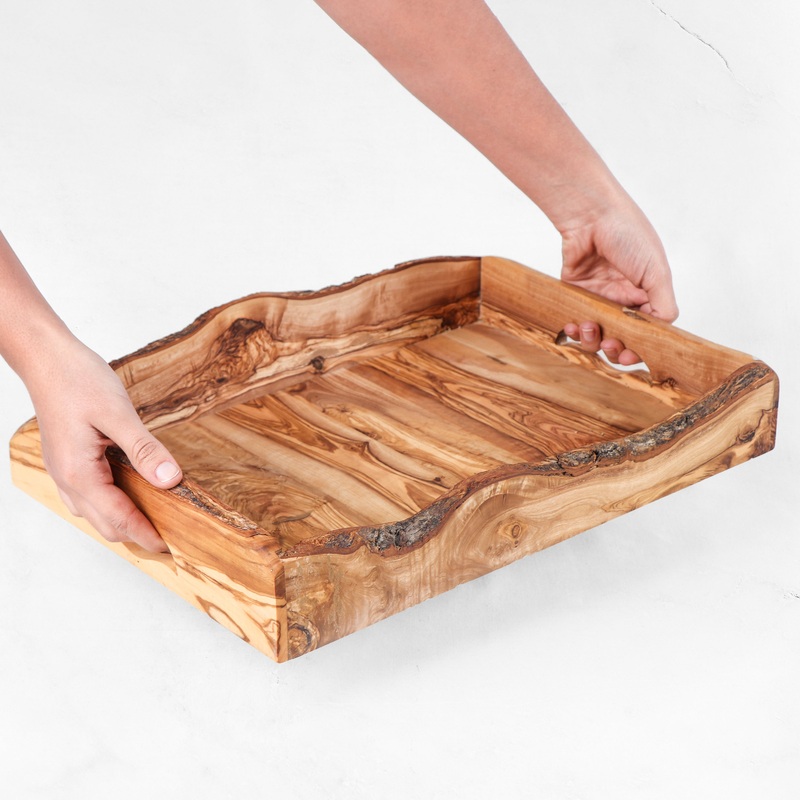 Handmade Olive Wood Rectangular Tray with Handles