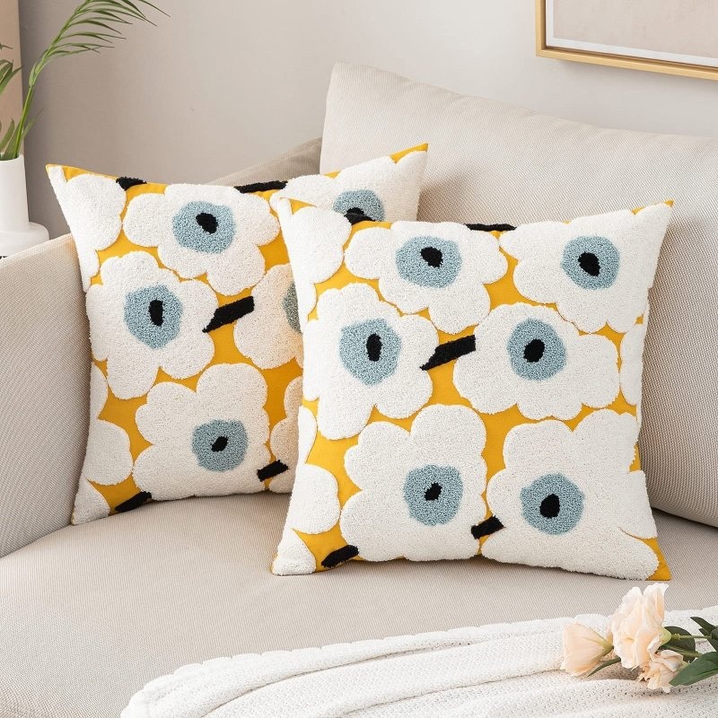MIULEE Decorative Throw Pillow Covers with Embroidered Flower Square Boho Woven Soft Solid Pillowcases 2 Pack