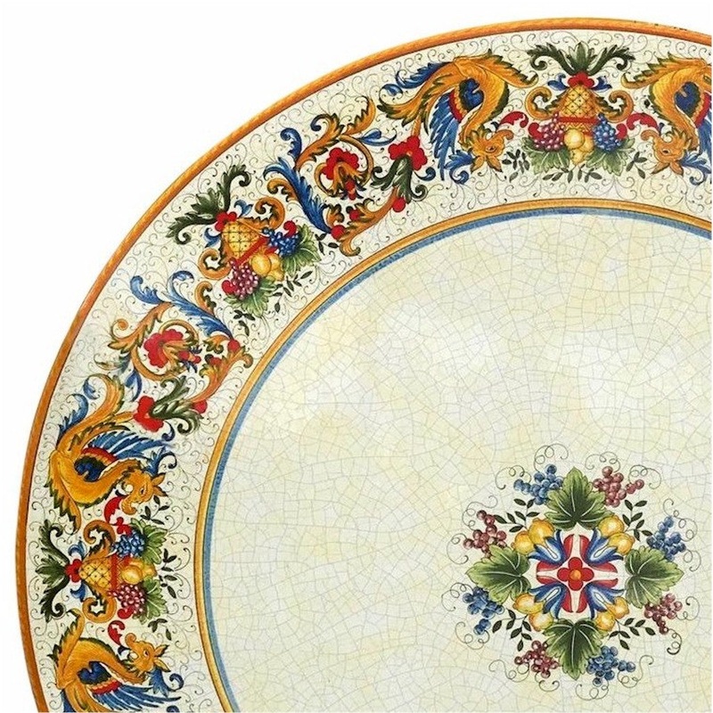 CERAMIC STONE TABLE + IRON BASE: RAFFAELLESCO DELUXE Design^ – Hand Painted in Deruta, Italy.
