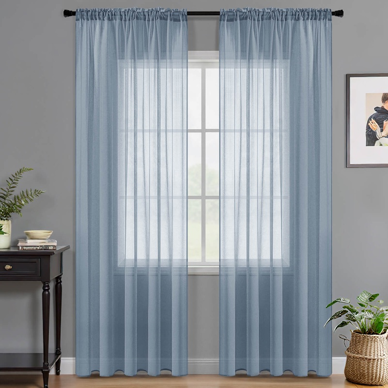MIULEE Dusty Blue Sheer Curtains Linen Textured 84 Inches Long 2 Panels for Bedroom Living Room, Semi Transparent Farmhouse Rod Pocket Light Filtering Voile Window Drapes, W 42 x L 84 inch Length