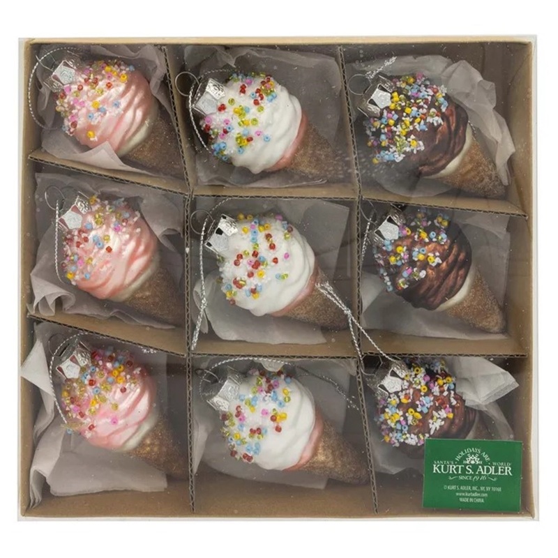 Kurt Adler Officially Licensed Glass Ice Cream Mini-Ornaments 9-Piece Set