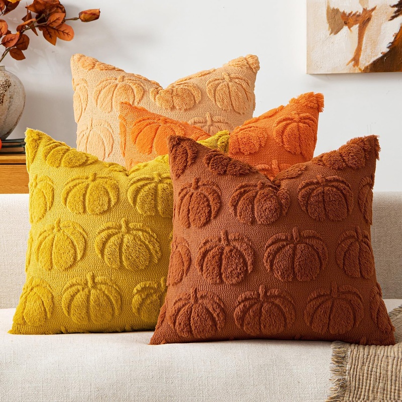 MIULEE Fall Pumpkin Pillow Covers 18×18 Inch Set of 4 – Soft Cozy Plush Decorative Pillows with Embroidered Pumpkin Pattern Autumn Halloween Holiday Decor for Sofa Couch Bed Living Room,Rust-Orange