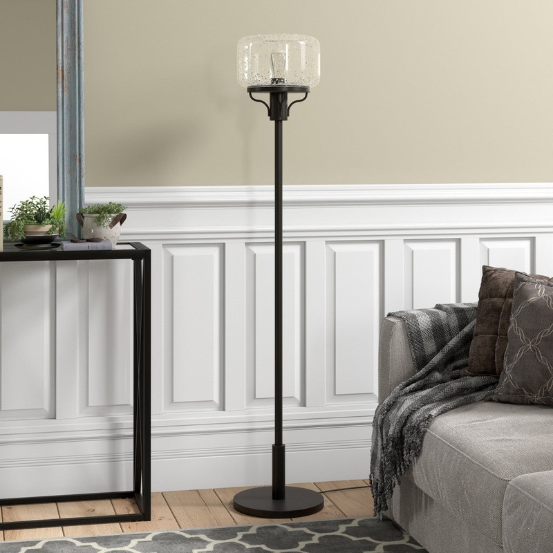 Black Novelty Floor Lamp With Clear Seeded Glass Globe Shade