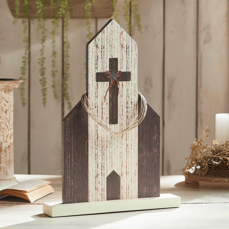 Celebrate Grace MDF Church w/ Cross Star & Jute Twine Coil 18.7×13.75×2.5