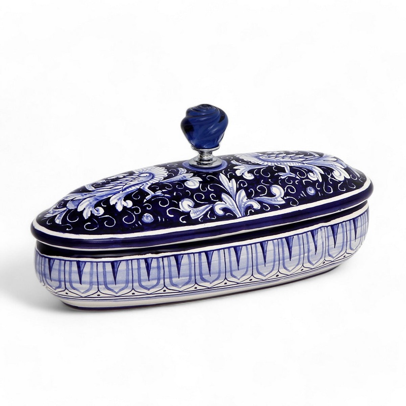 JEWERLY BOX: Authentic Deruta Keepsake Oval Box with Murano Knob – DERUTA FONDO BLU design