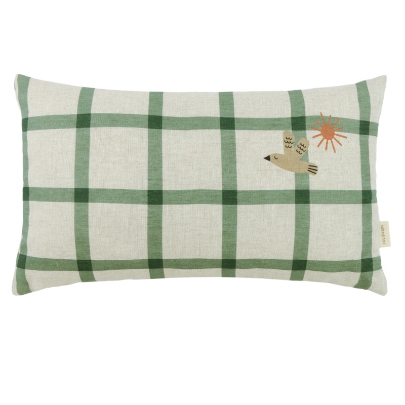 Rectangular cushion in French linen Vibes M Green Windowpane Bird