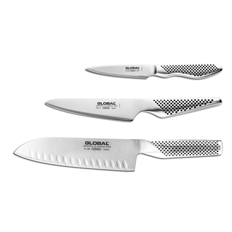 Global Classic 3 Piece Santoku, Chef’s Utility, Paring Knife Set, G-48338