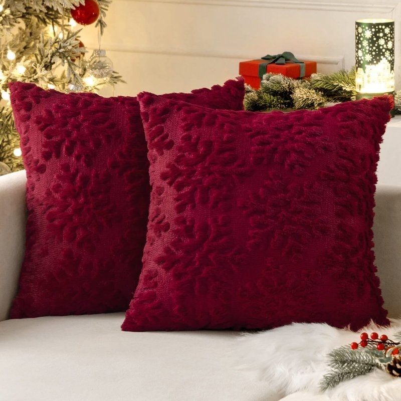 MIULEE Burgundy Red Throw Pillow Covers Christmas Snowflakes Decorative Pillow Covers 16×16 Inch Soft Plush Faux Wool Pillow Covers Set of 2 Farmhouse Couch Pillows Home Decors for Sofa Livingroom Bed