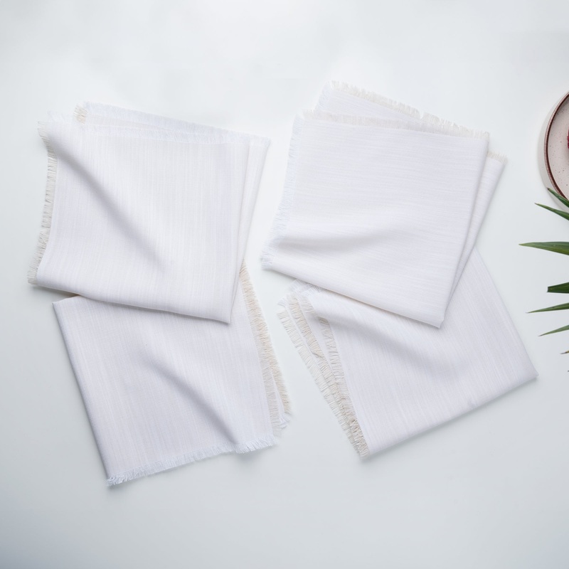 Chambray Cream & White Faux Linen Napkins, Fringe, 20 x 20 inch, 4 pcs