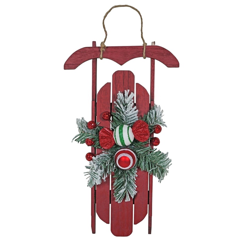 Good Tidings Holiday Red Sleigh w/ Frosted Christmas Swag Decoration , 17.5″