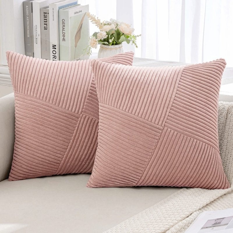MIULEE Corduroy Pillow Covers Pack of 2 Decorative Windmill Striped Spliced Throw Pillow Covers Soft Couch Pillowcases Boho Patchwork Cushion Covers for Living Room Bed Sofa 18×18 inch, Pink