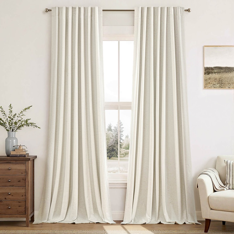 MIULEE Linen 100% Blackout Curtains 84 Inch Length 2 Panels, Back Tab Pleat Hook Belt Clip Rings Thermal Insulated Drapes for Bedroom Living Room Beige Natural Farmhouse Black Out Window Curtains