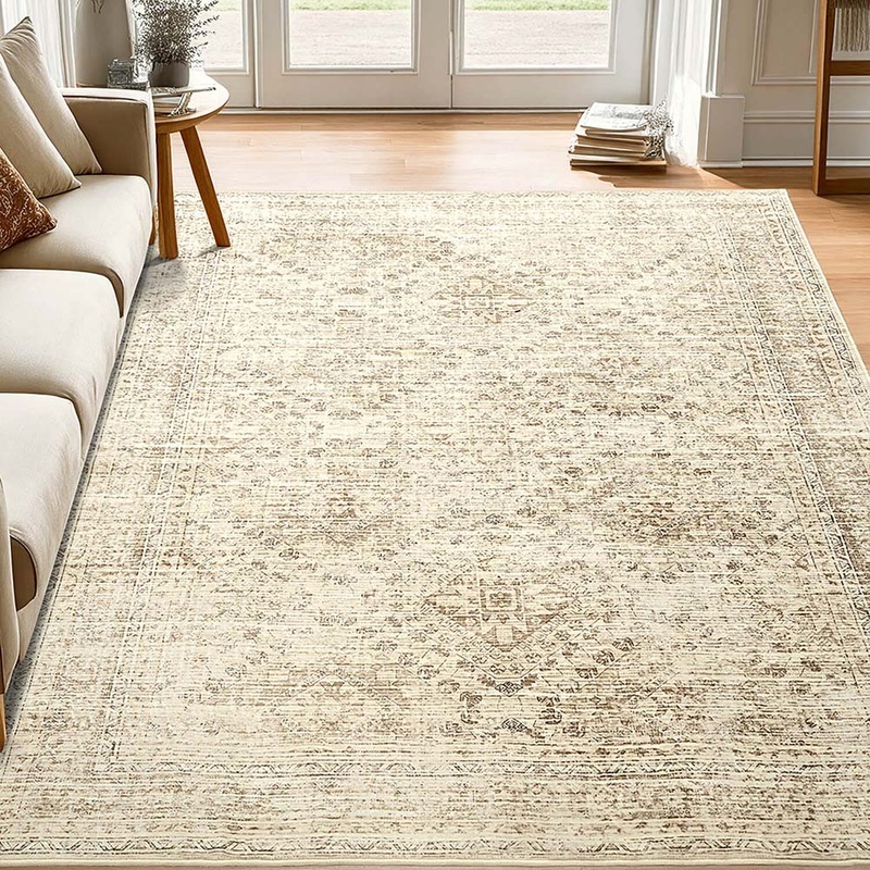 MIULEE 6×9 Vintage Living Room Rug Washable Area Rugs Low Pile Floor Mat for Bedroom Dining Room Non-Slip Stain Resistant Soft Indoor Carpet for Home decor, Beige