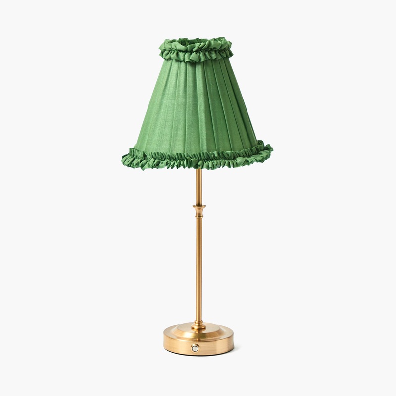 Edie Tall Rechargeable Lamp with Green Frilled Silk Shade (18cm)
