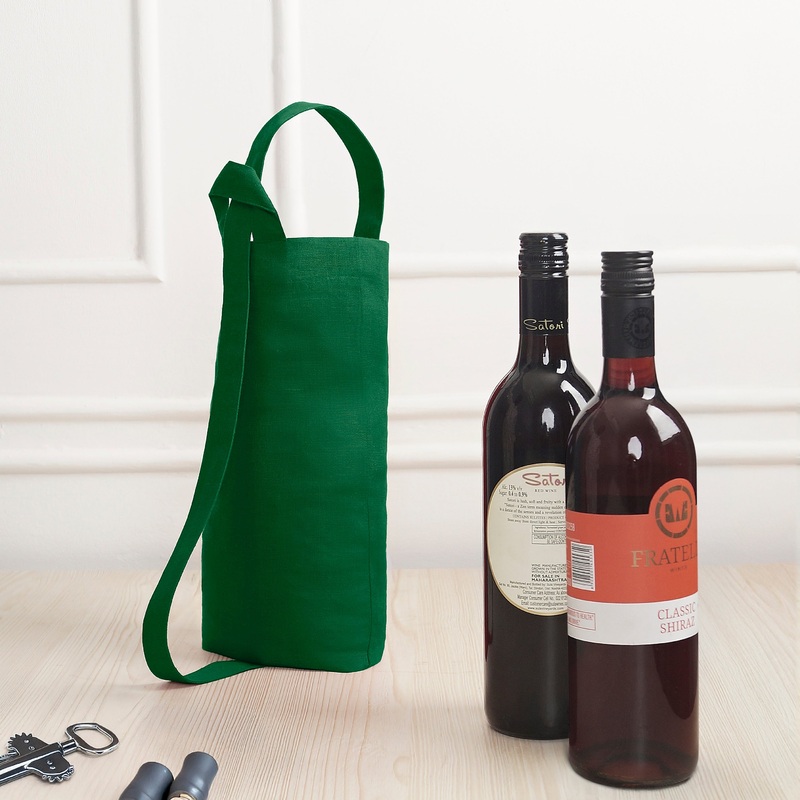 Forest Green Linen Wine Bag