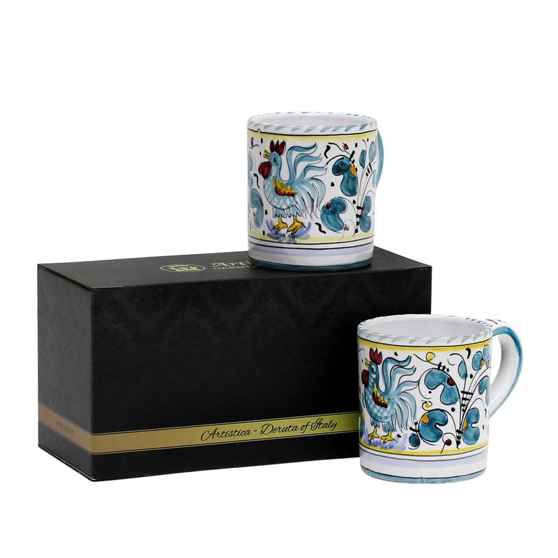 GIFT BOX: With two Deruta Mugs – ORVIETO GREEN ROOSTER Design