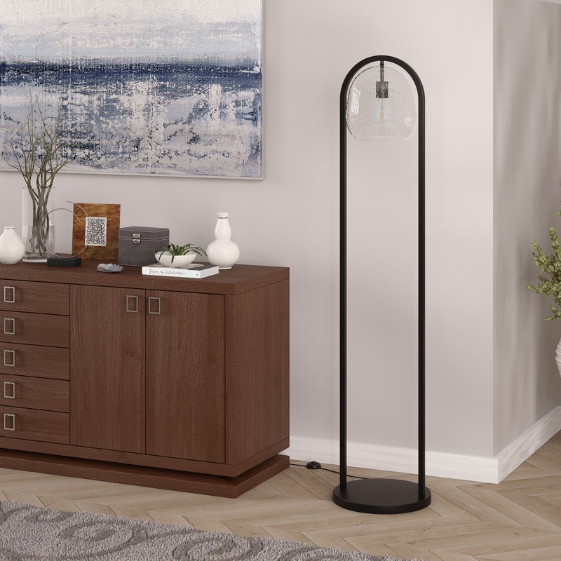 Black Column Floor Lamp With Clear Seeded Glass Globe Shade