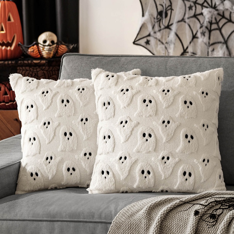 MIULEE Halloween Pillow Covers Ghost Spooky Throw Pillows Set of 2 Soft Plush Faux Fur Decorative Cushion Covers for Couch Sofa Bed Living Room Halloween Decor 18×18 inch Cream White