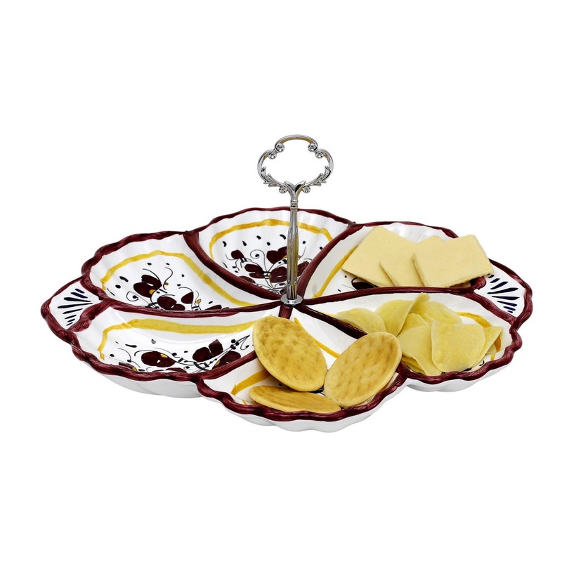 ORVIETO RED ROOSTER: Handled Tidbit Snack Tray Fiore/Shell server – Six Compartments